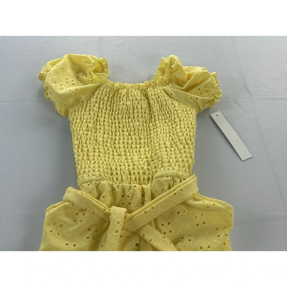 Tahari Girl Romper Size 6 Yellow Eyelet Smocked Puff Sleeve Belted Pockets New